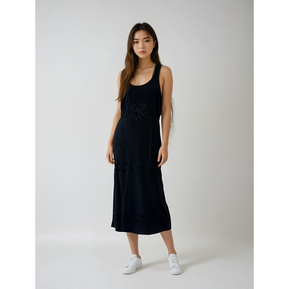 Vintage Y2K Black Rose Embroidered Maxi Dress Leg Slit Size 10 Whimsygoth Grunge